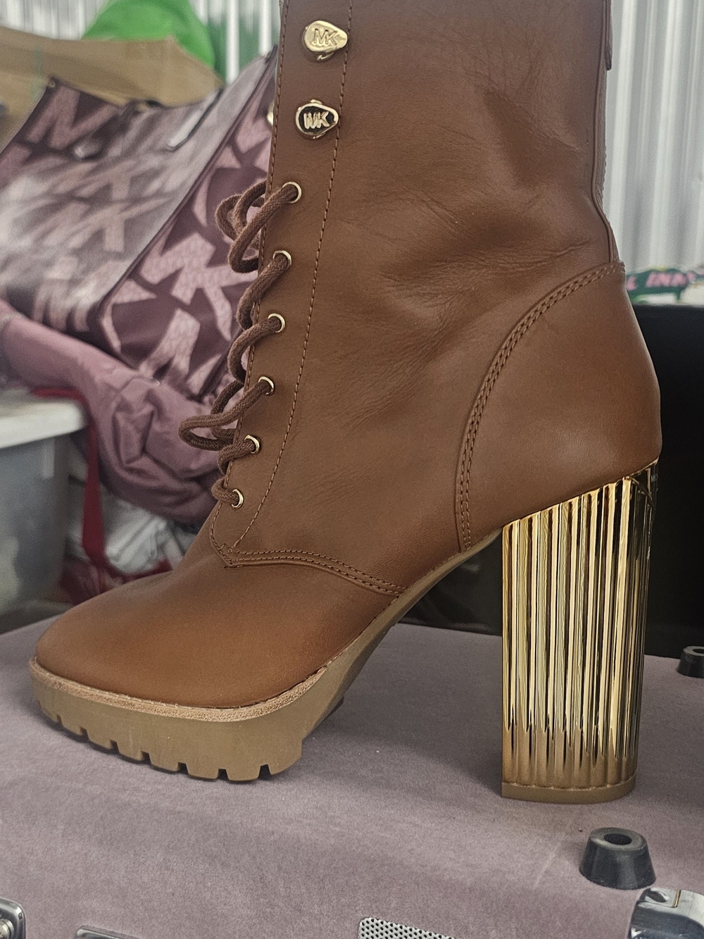 Michael Kors Brown Leather Lace-Up Boot with Gold Block Heel